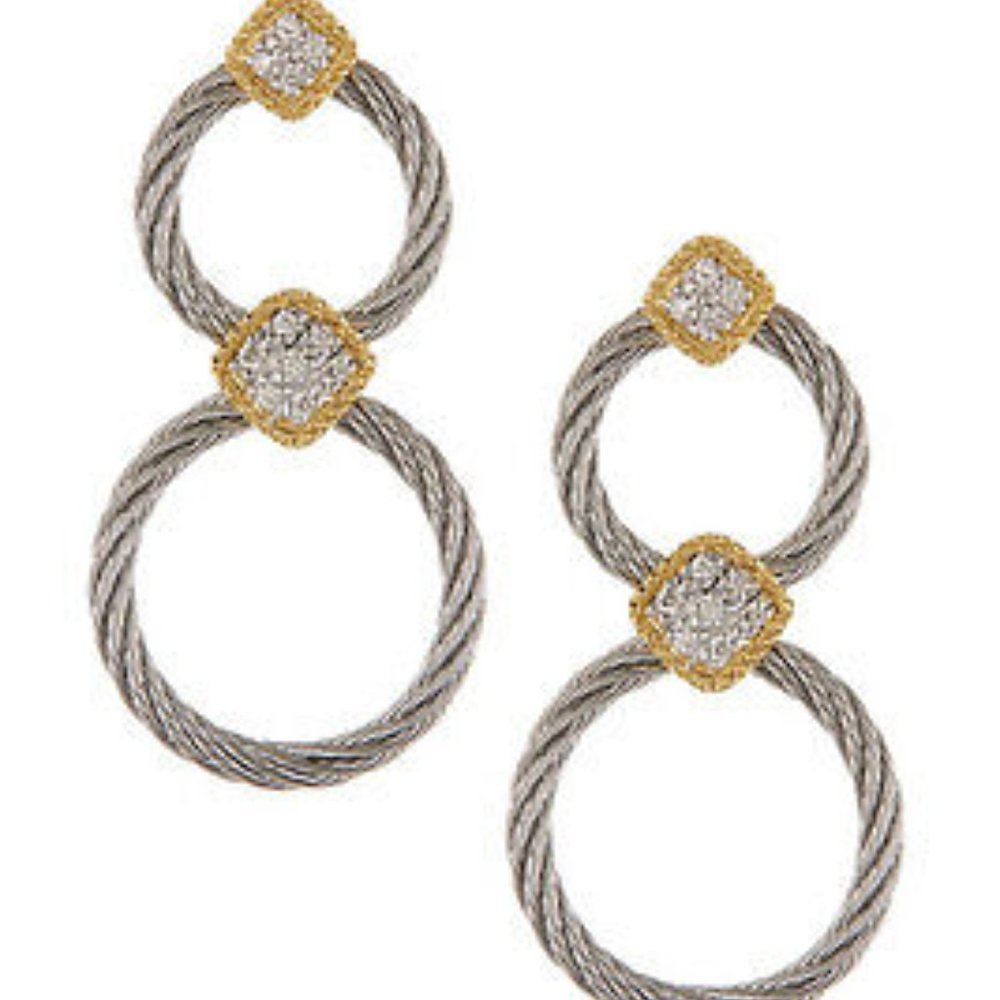 ALOR 18K Gold Stainless Steel Classique Diamond Pave Double Hoop Drop Earrings